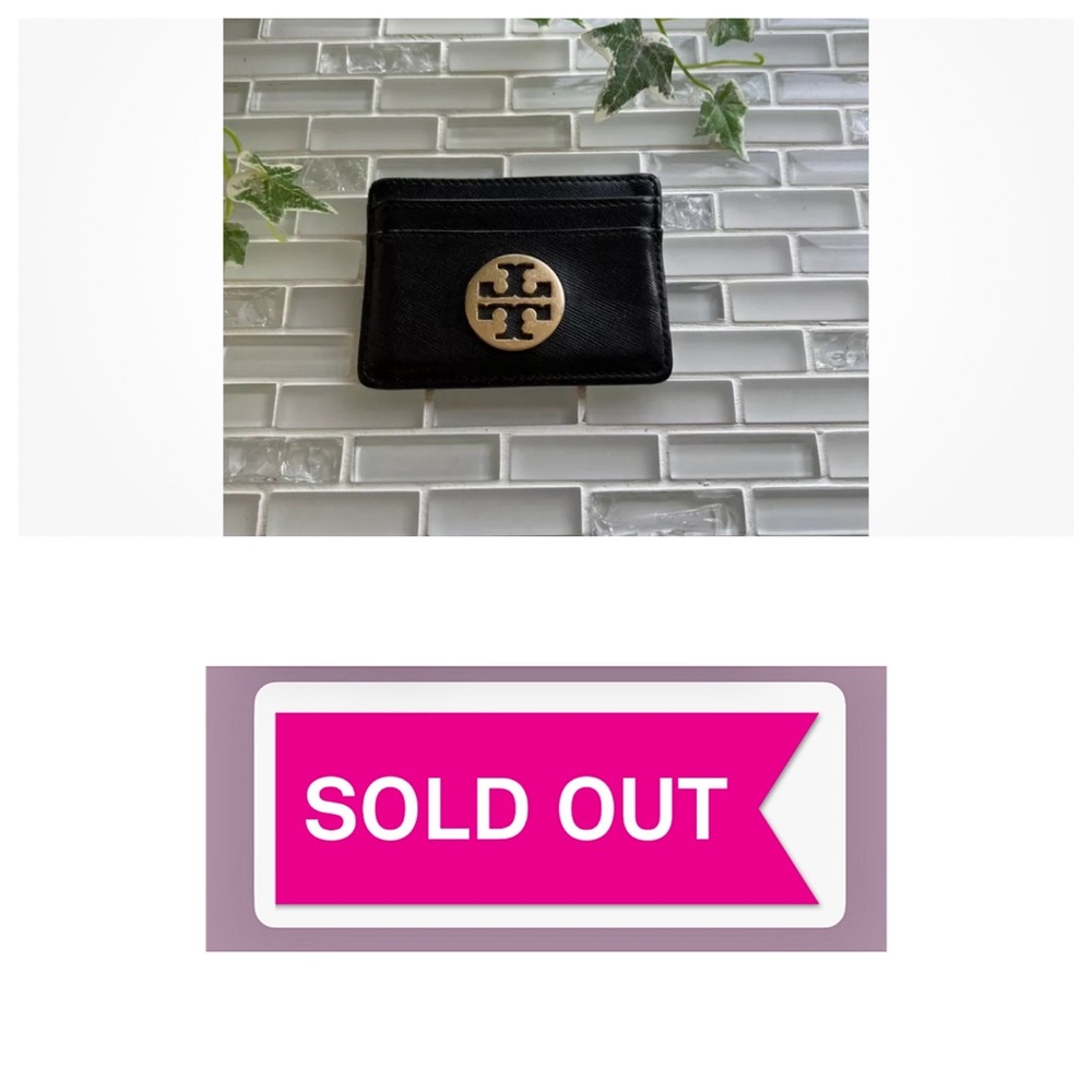 Tory Burch Logo Black Leather Card Holder Small Wallet 4”x 3” - Picture 1 of 8